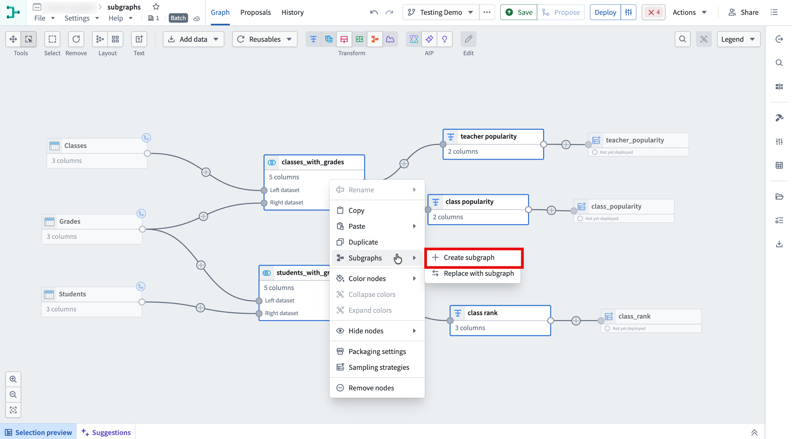 Selected pipeline nodes with the context menu open and Create subgraph highlighted.