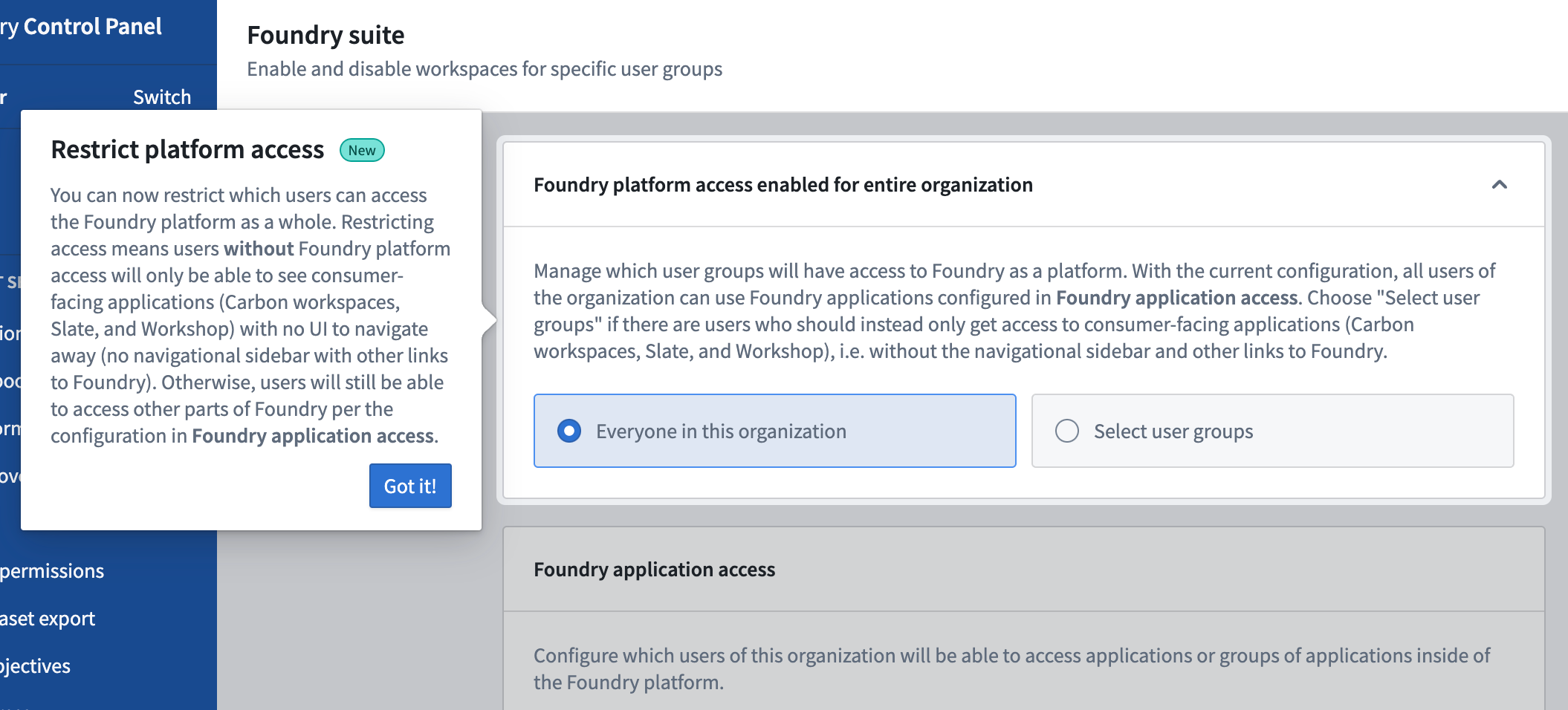 Example UI showing option to restrict platform access