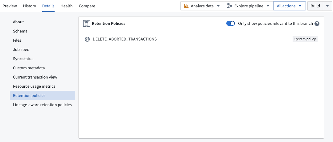 Retention policies tab in Dataset details view