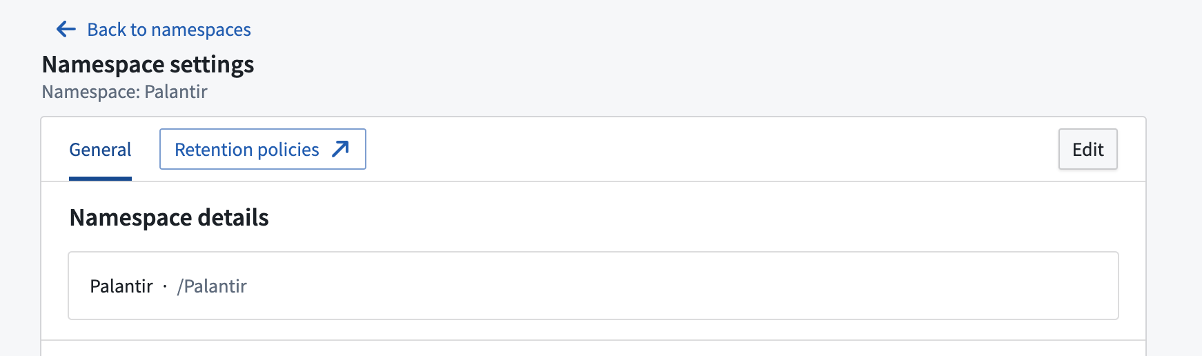 The Namespace settings page with a link to the Retention Policies application.