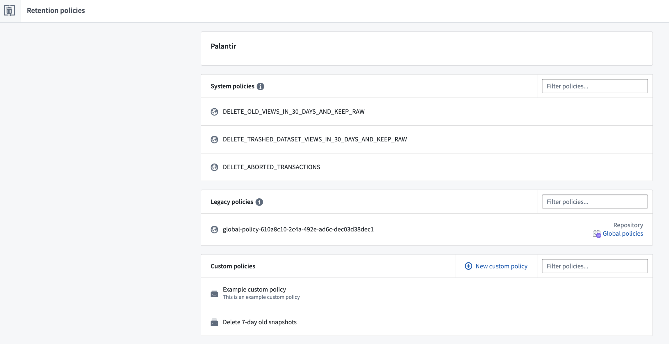 The Retention Policies application showing system, legacy, and custom policies.