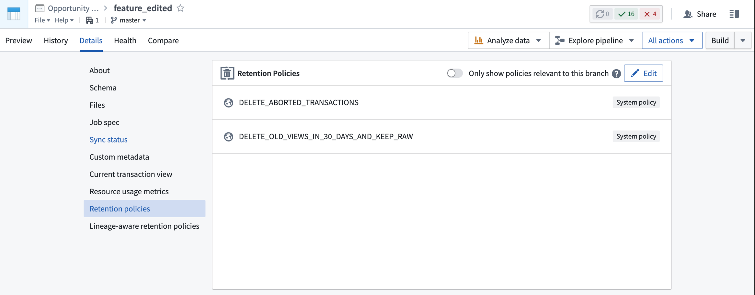 A condensed Retention Policies view listing two system policies.