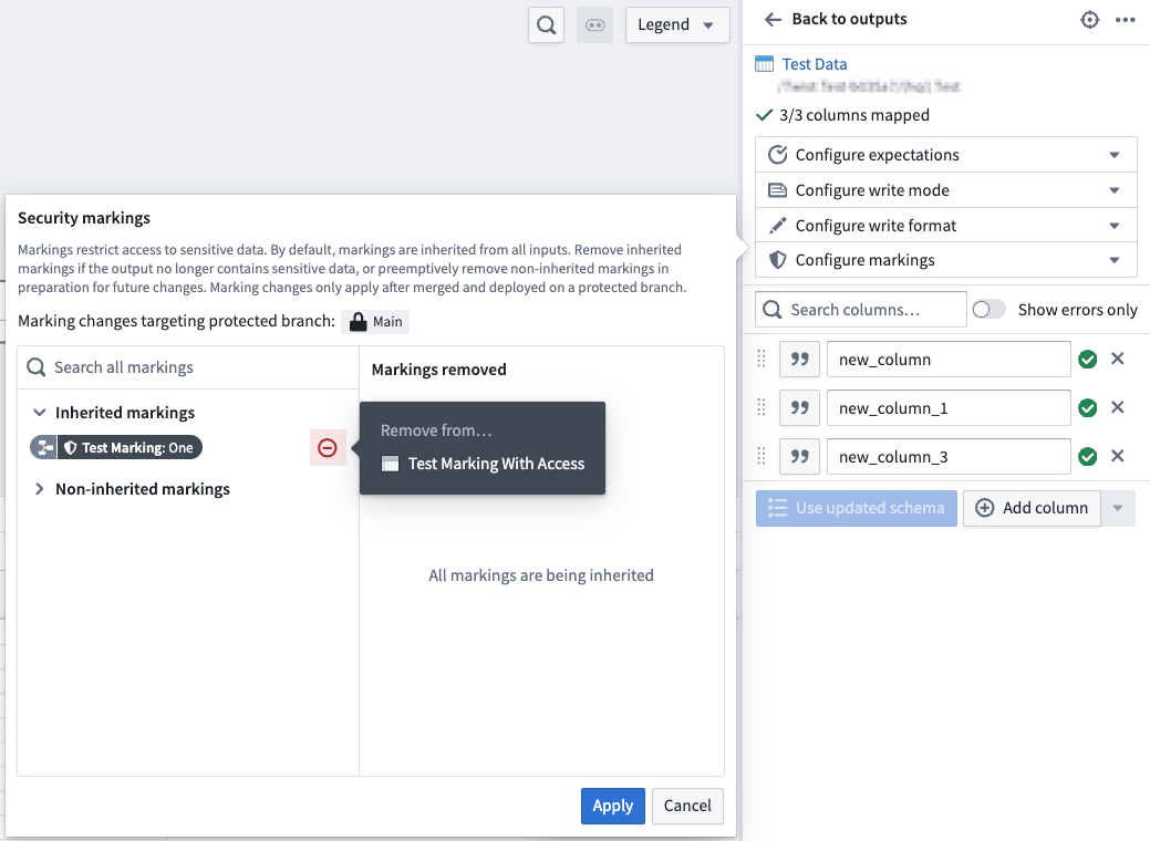 Markings option panel with cursor hovering over the remove from icon.