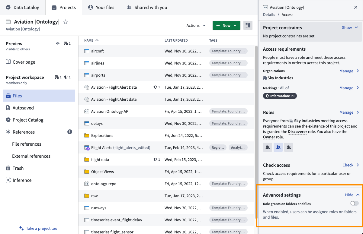 Enabling or disabling role grants on folders and files