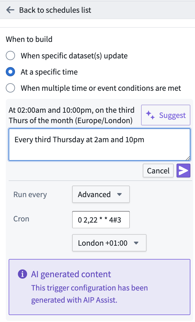 Example schedule set to build every third Thursday at 2am and 10pm