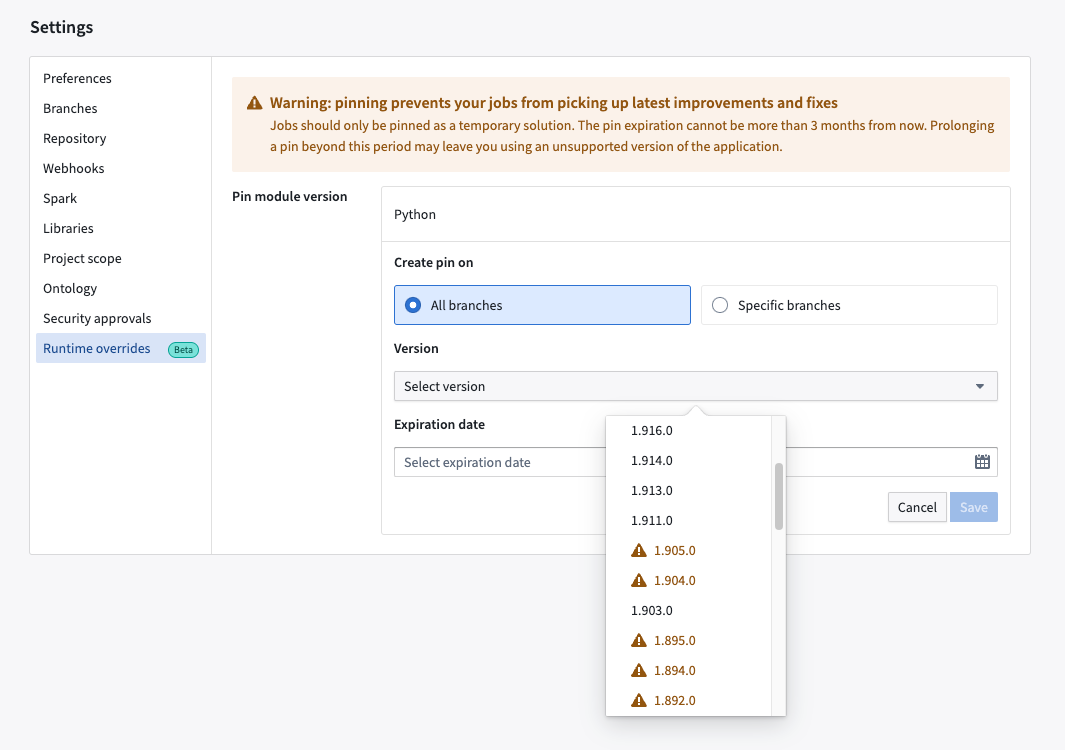 Configure your module versions in the Runtime overrides tab of your code repository's Settings view