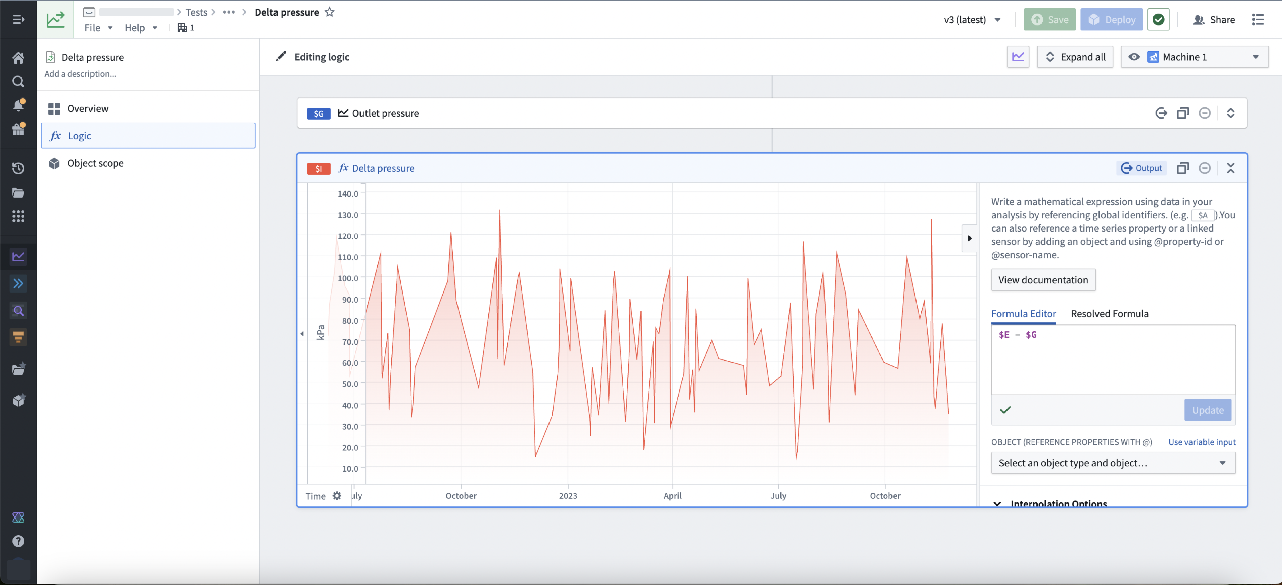 The updated time series logic editor for a Delta pressure derived series.