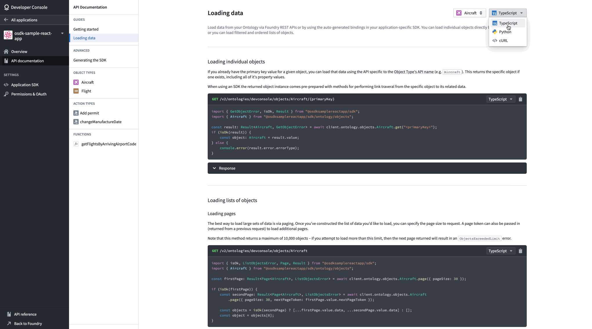 A view of API documentation for an Aircraft object type in the Developer Console.