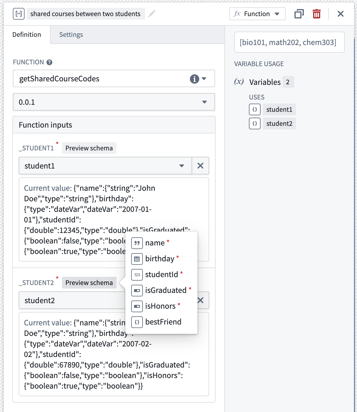 A function that returns a list of common course codes shared by the two students takes in two student structs as inputs.