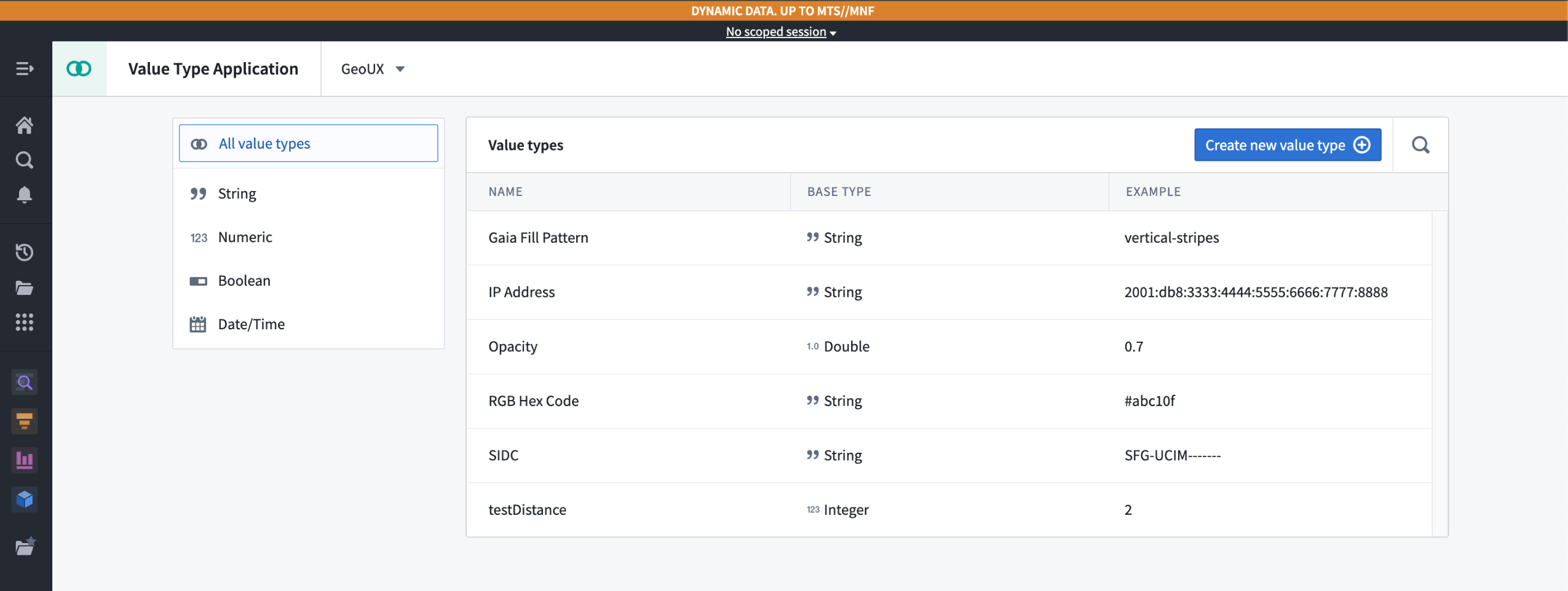 The Value Types application, displaying available value types in a given namespace.