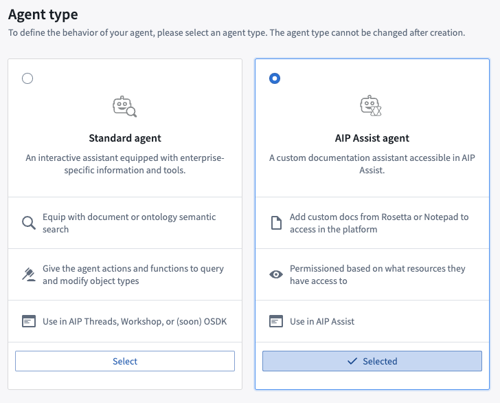 Select AIP Assist Agent type.