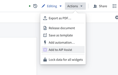 The “Add to AIP Assist” option in the Notepad actions dropdown menu.