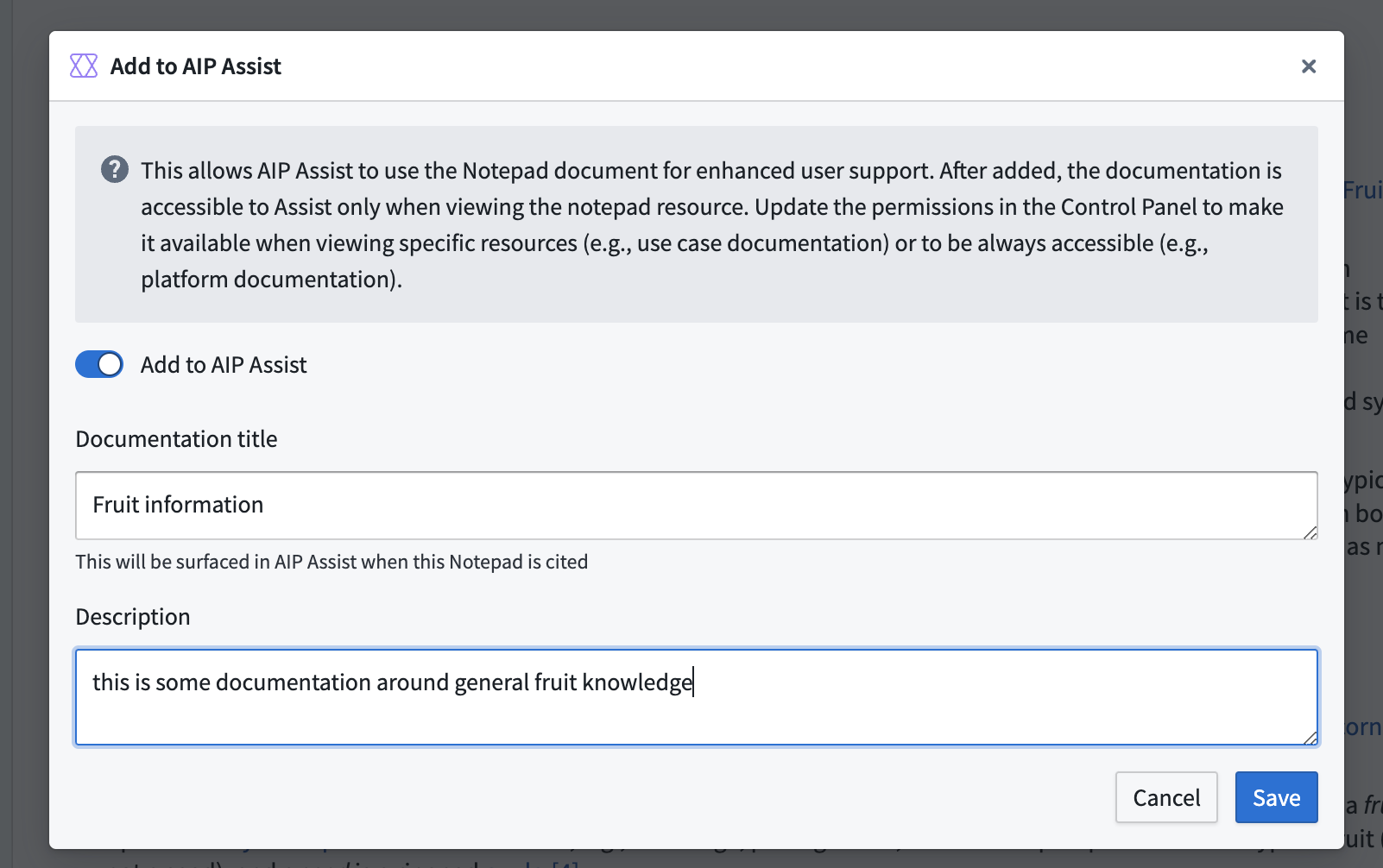 The "Add to AIP Assist toggle, Documentation title, and Description fields.