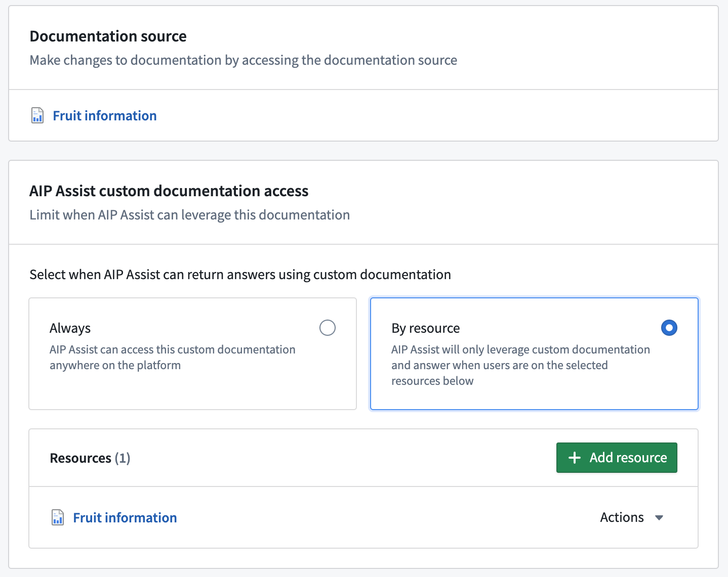 The "Always" and "By resource" options in the AIP Assist custom documentation access configuration panel.