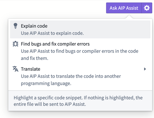 The "Ask AIP Assist" option in Code Repositories.