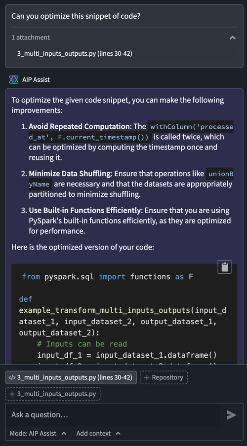 A sample question to AIP Assist asking for optimized code.