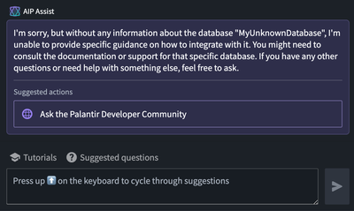 Suggested action in AIP Assist that directs users to the Palantir Developer Community forum