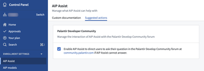 View in Control Panel to manage the suggested action in AIP Assist that directs users to the Palantir Developer Community forum