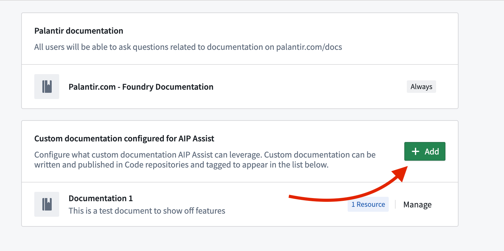 The "Add" button in the custom documentation section of the AIP Assist page in Control Panel.