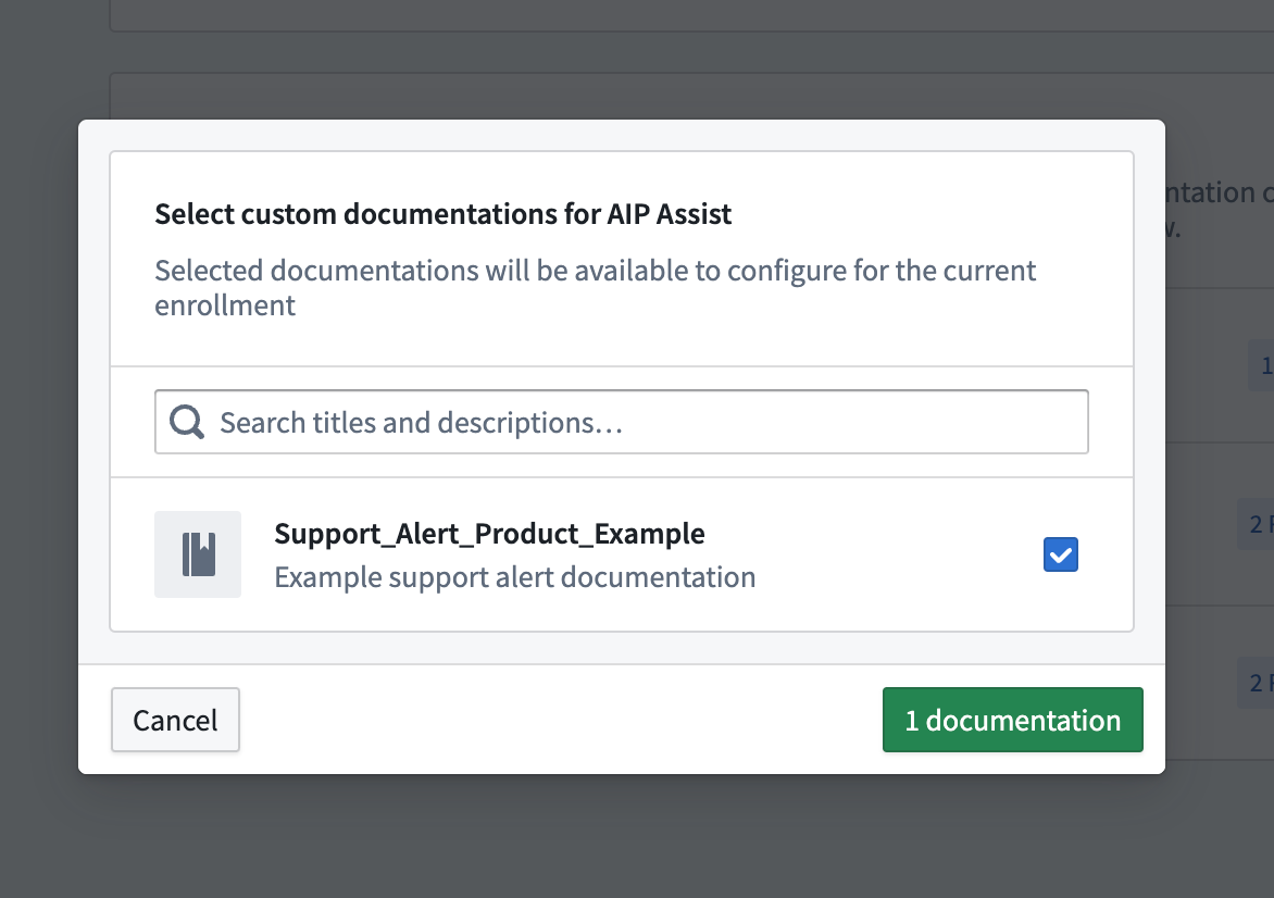 Selected documentation in the add documentation dialog.