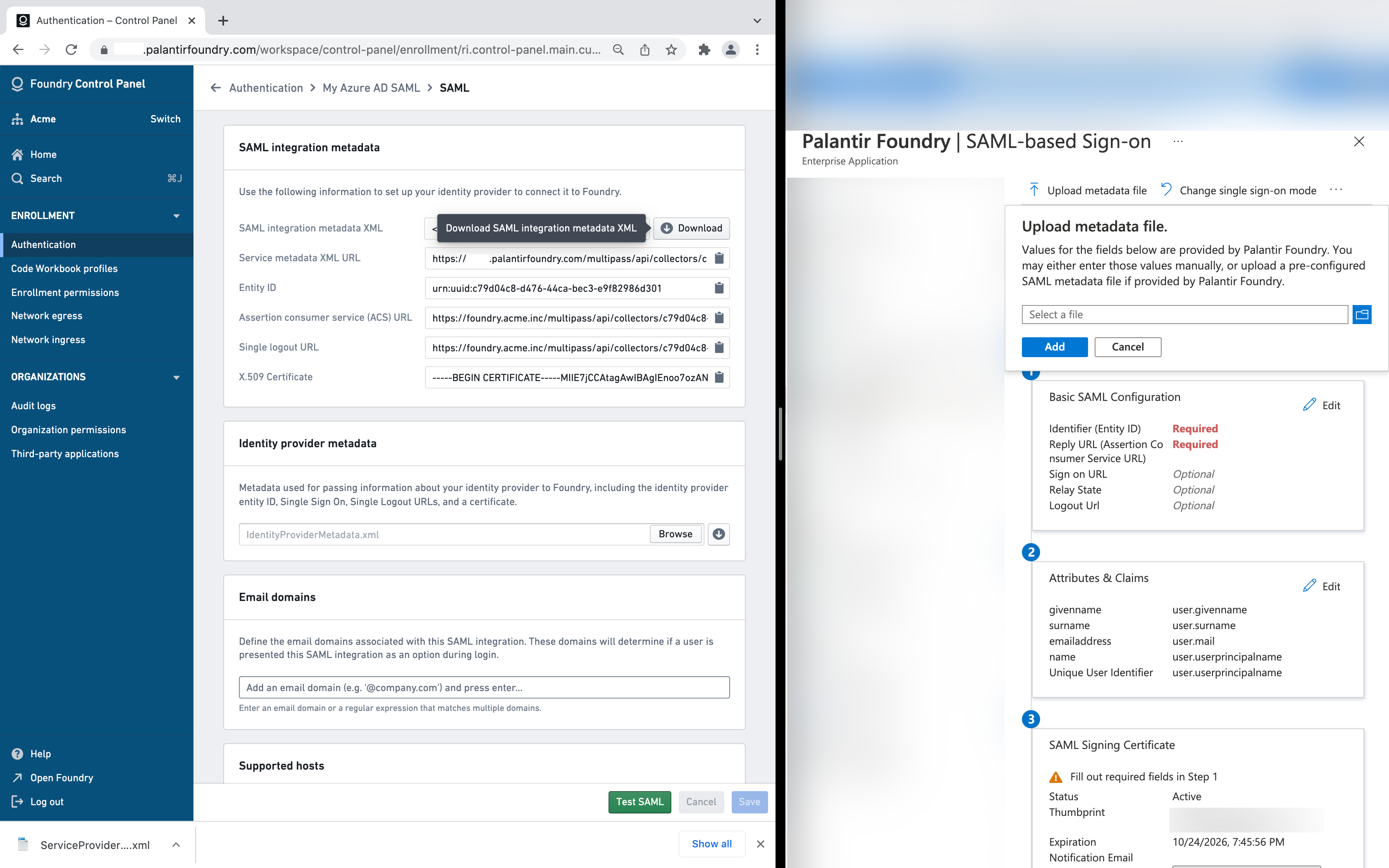 SAML integration metadata