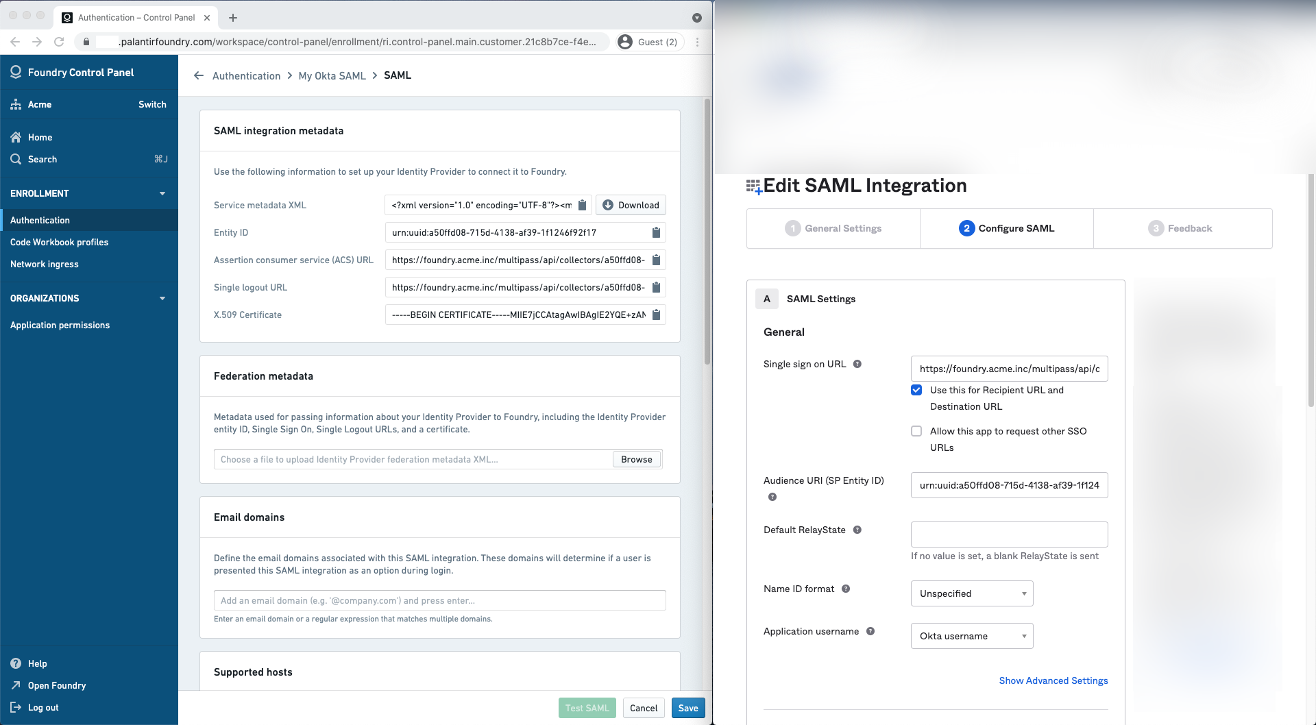 SAML integration metadata