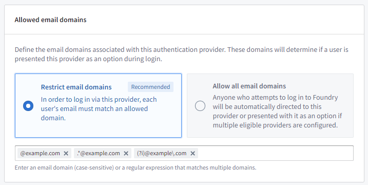 "Allowed email domains" window that enables you to define the email domains associated with an authentication provider. The "Restrict email domains" option is selected and several example domains, both of the simple form and as regular expressions, have been allowed.