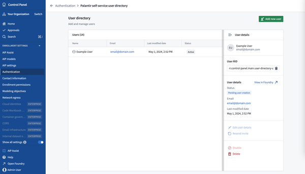 User directory on Authentication page within Control Panel.