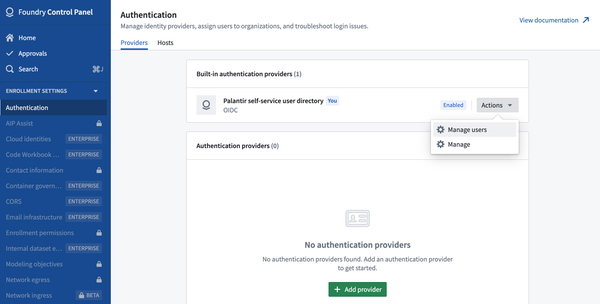 View of Manage Users option in Authentication within Control Panel.