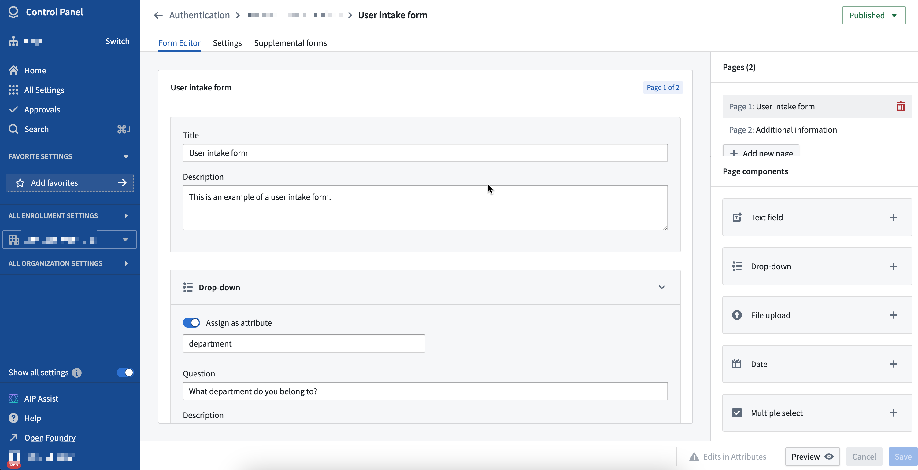 Screenshot showing intake form configuration management page.