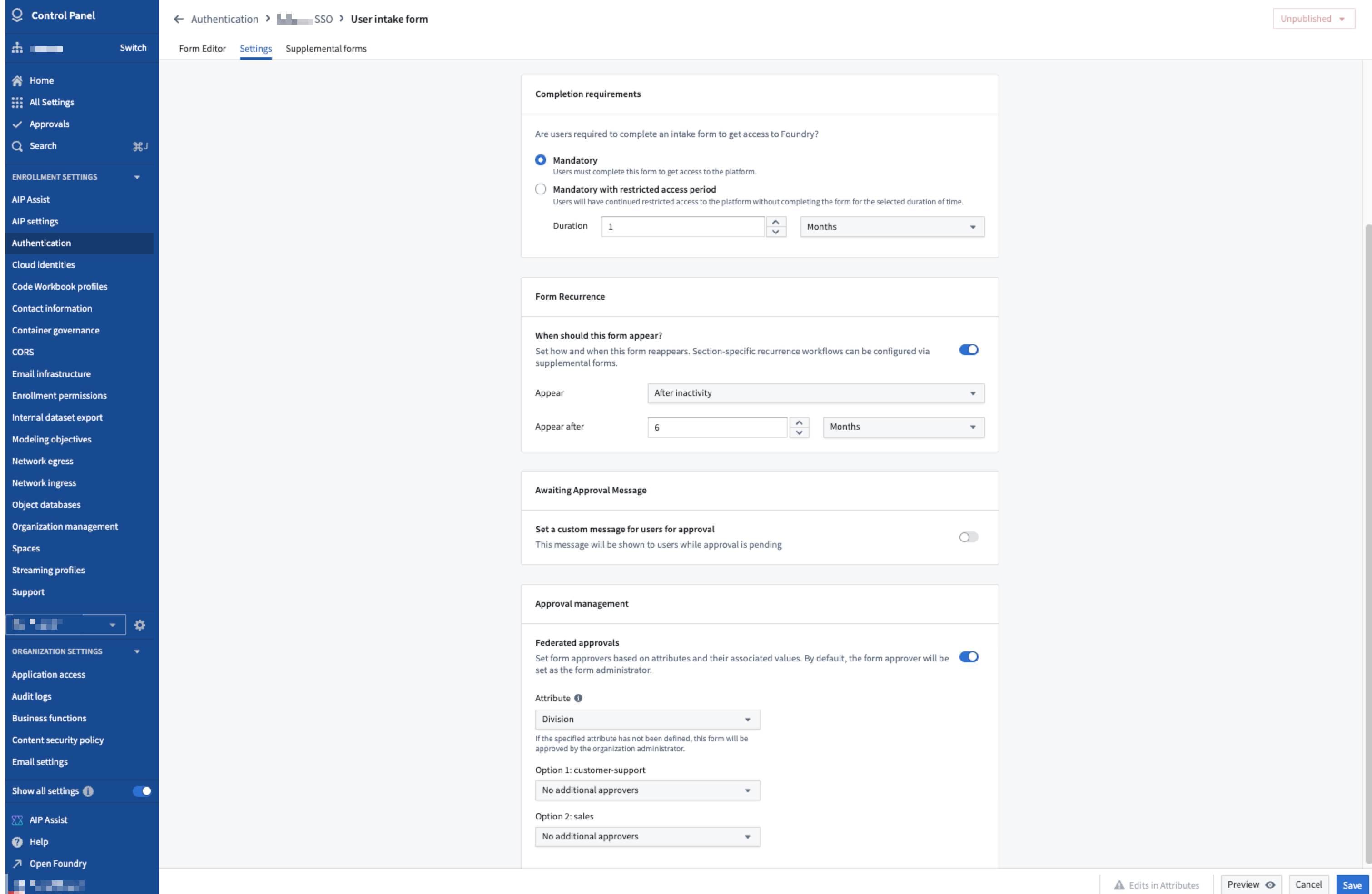 The Settings configuration page for user intake forms in Control Panel.