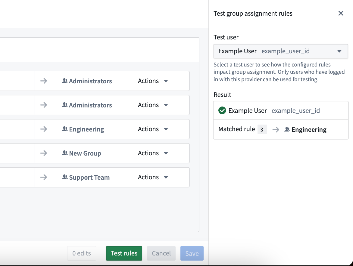 The Test rules interface when validating rules against an existing user