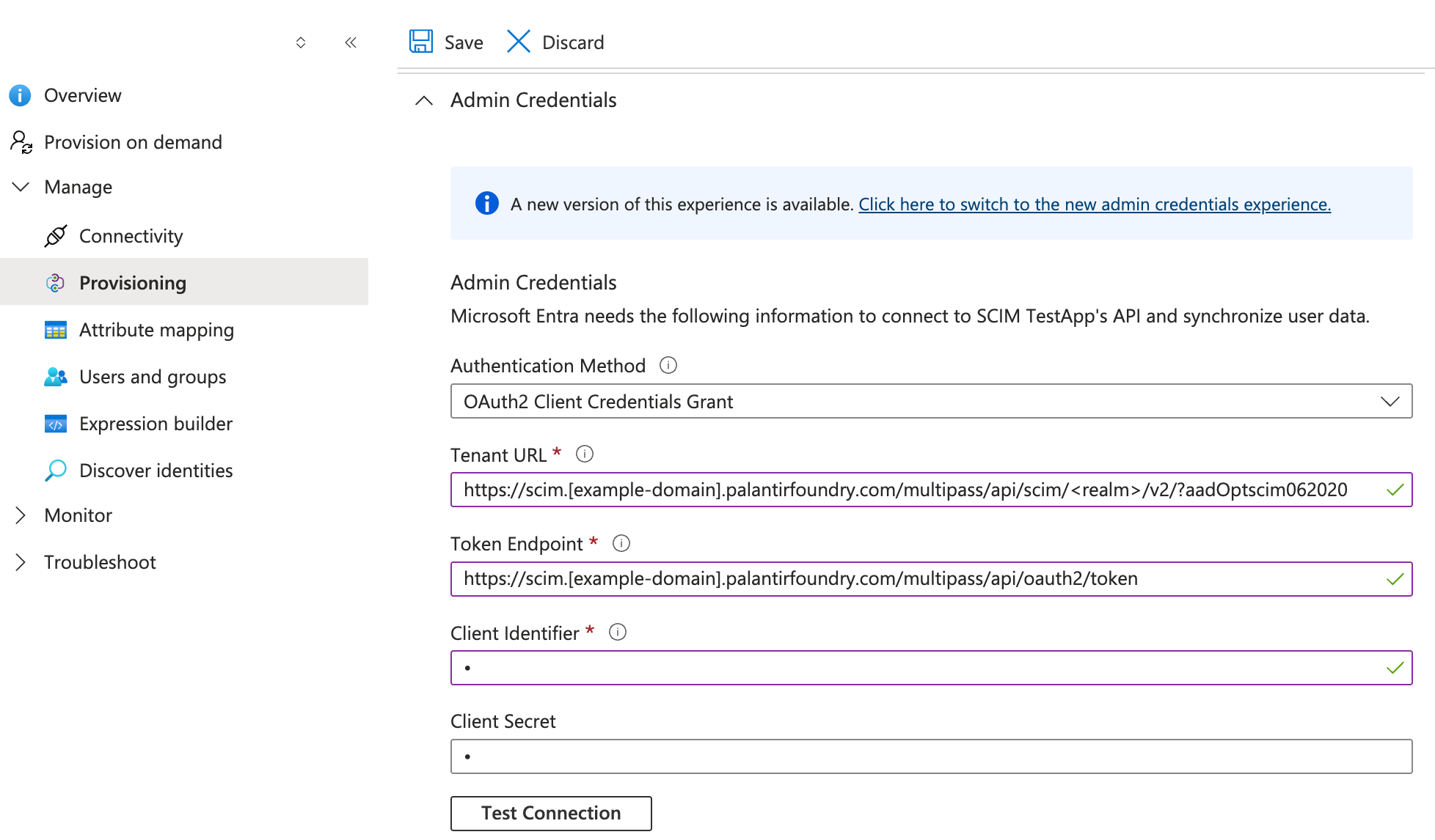 The Entra ID UI for configuring SCIM client credentials.