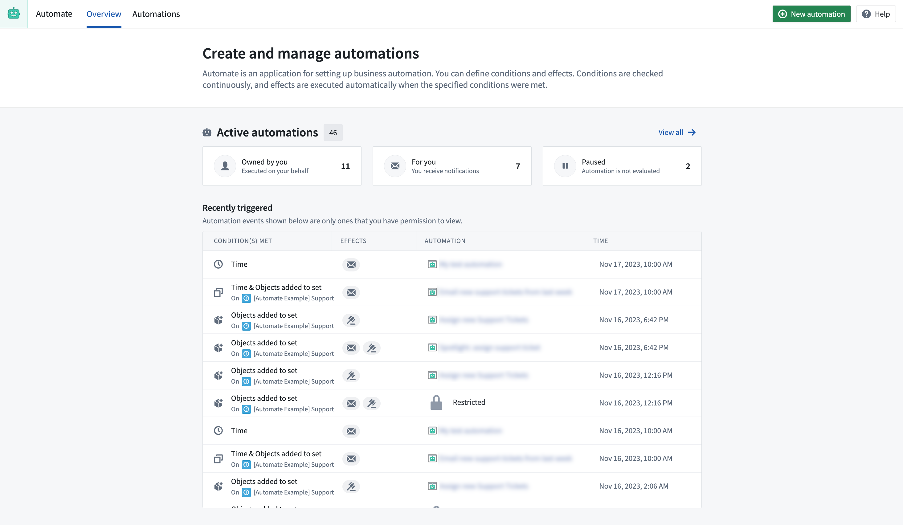 Automate App Overview page