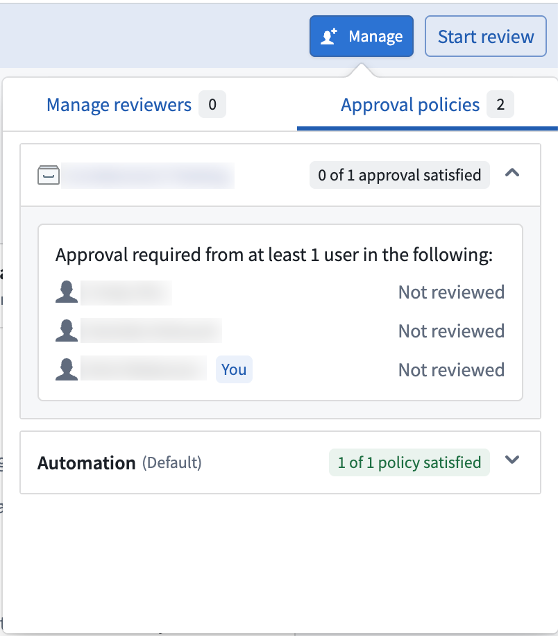 The Approval policies panel, showing the reviewers required to approve the automation before it can be merged.