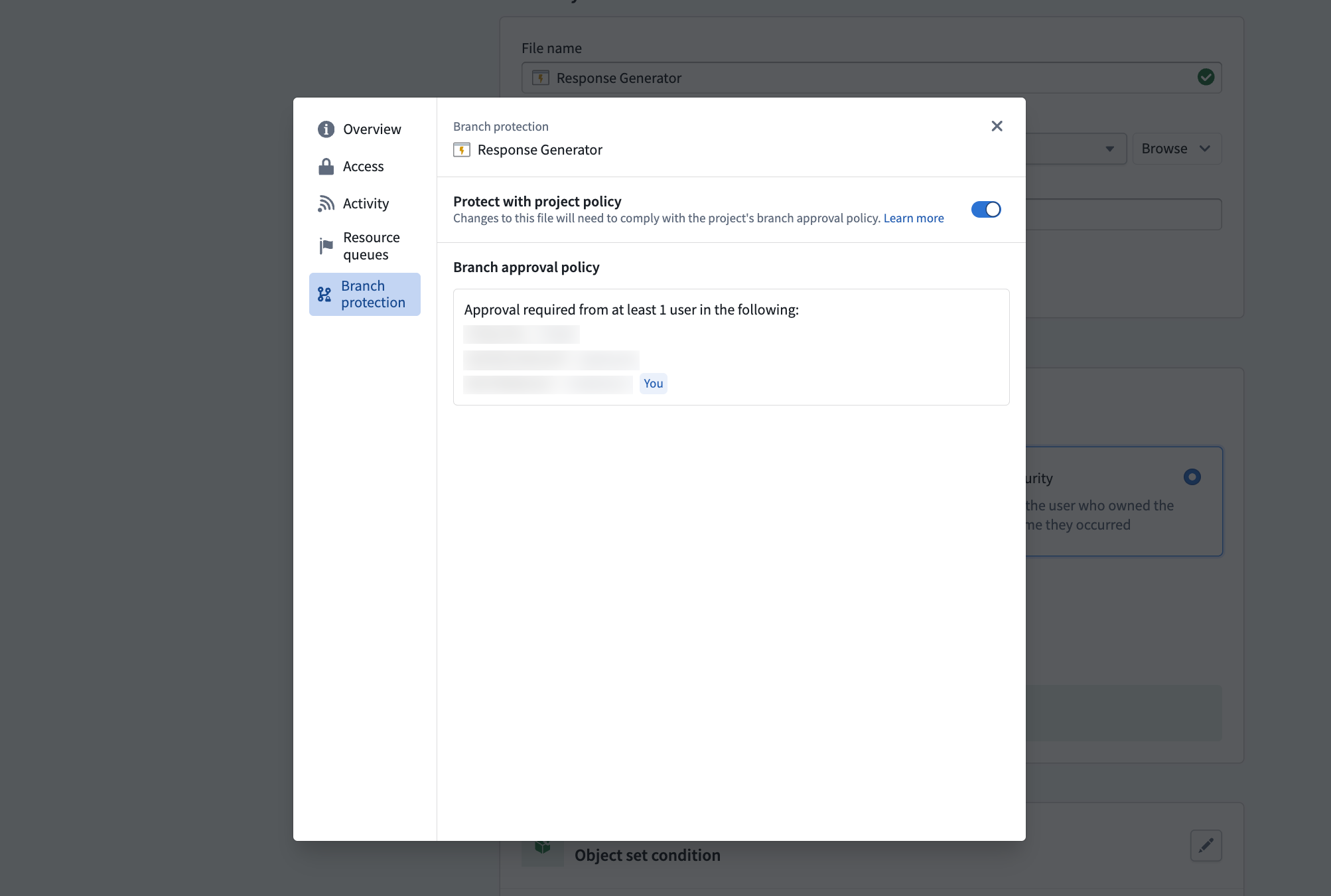 Protect an automation's main branch from the Automate page using the View details button and popover.
