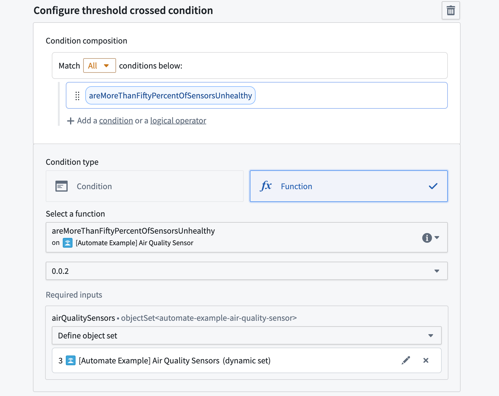 Example function-backed threshold crossed condition