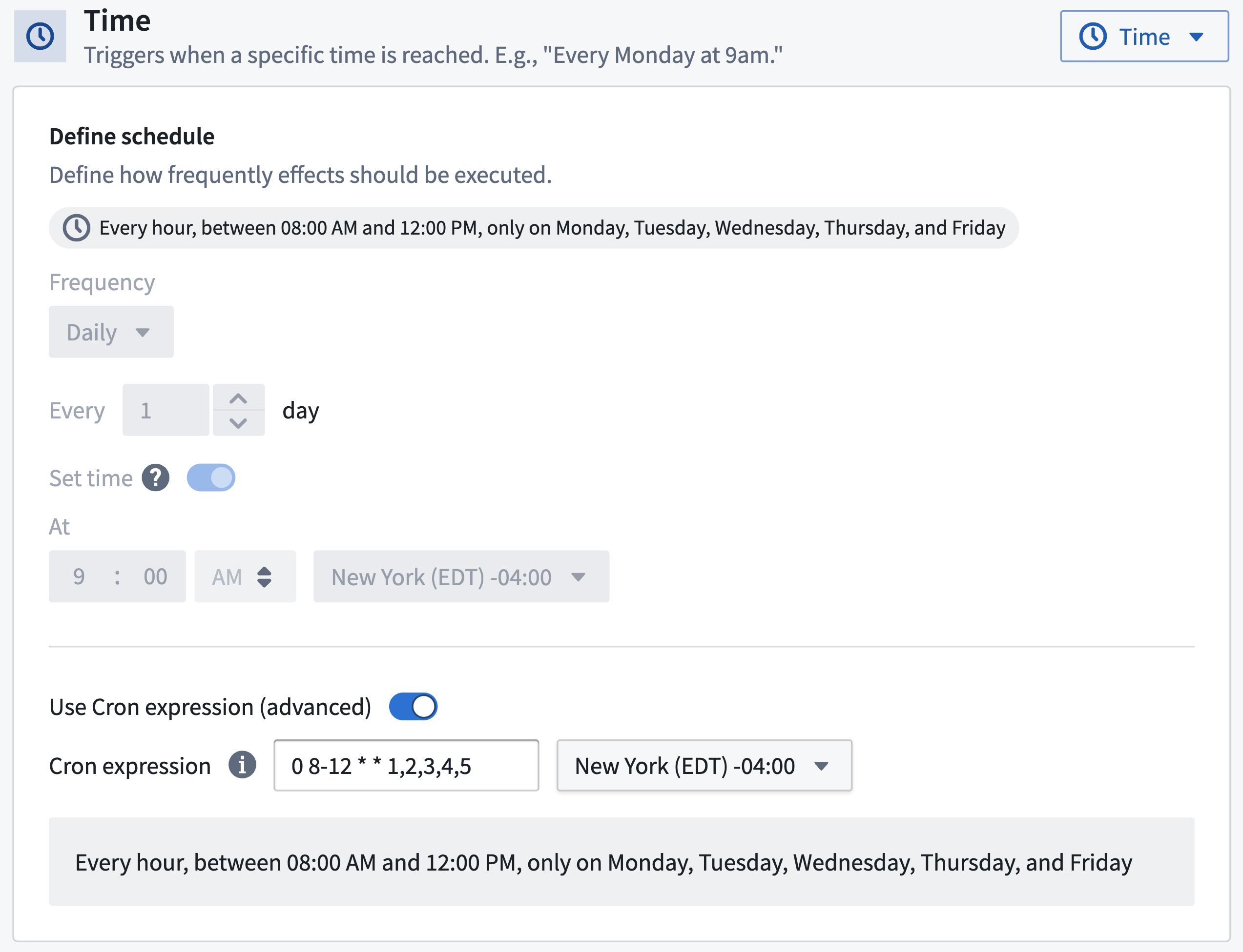 Configure time condition via cron expression