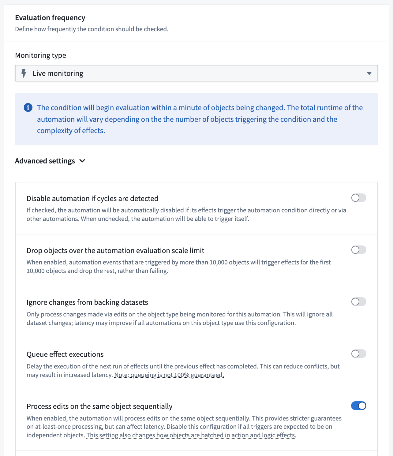 The Advanced settings options for live monitoring evaluation on an automation.