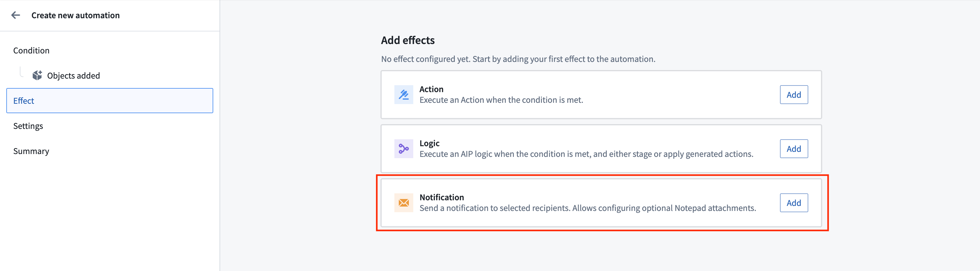 Notify contract owners example - select notification effect.