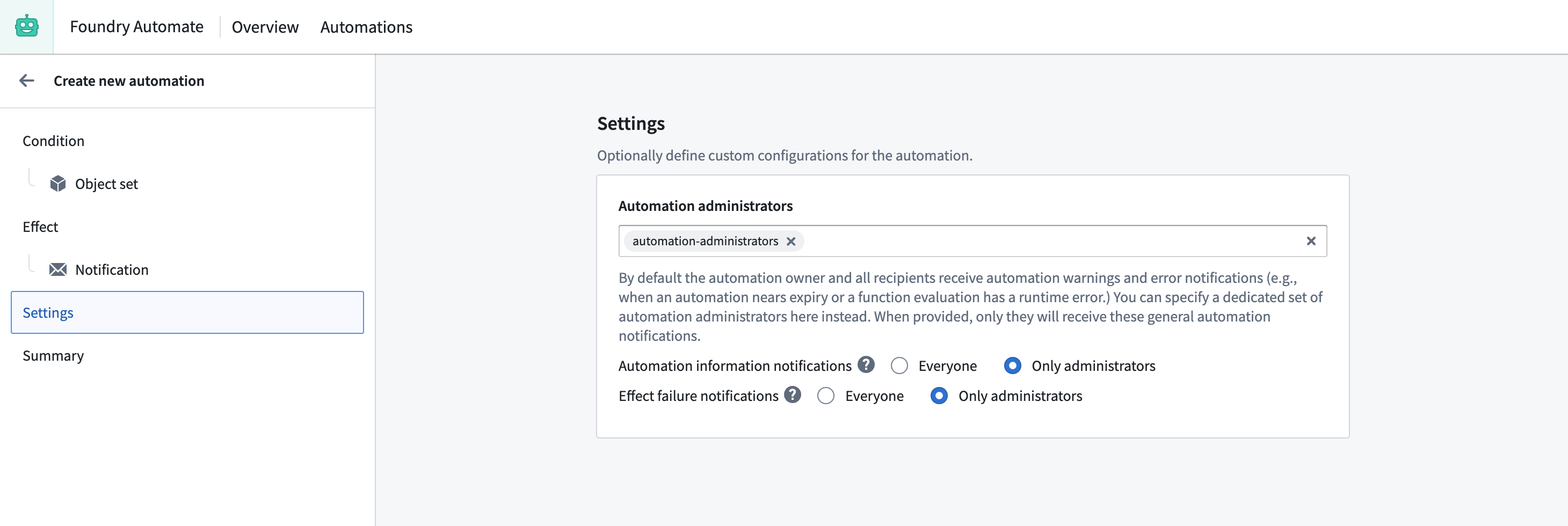 Notify contract owners example - settings