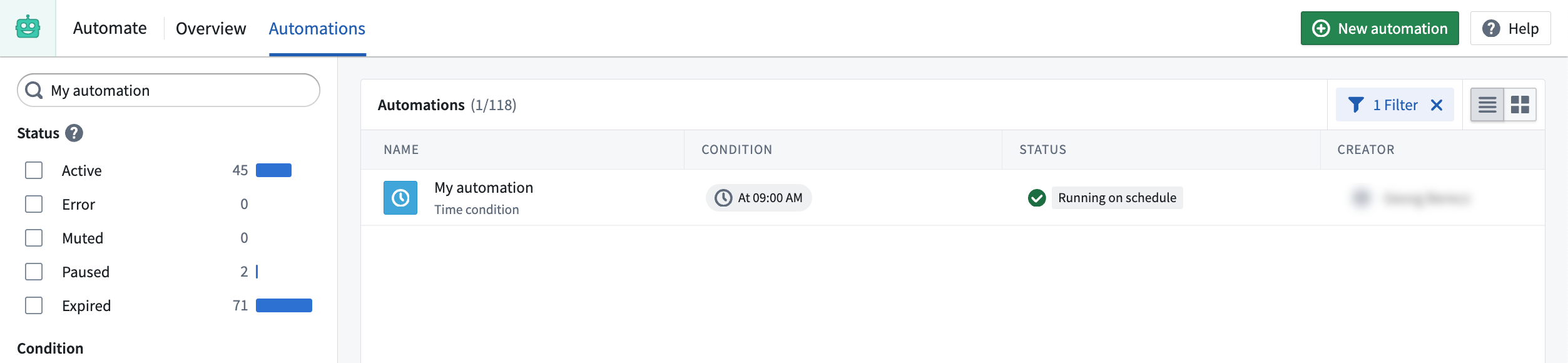 Automate overview table filtered