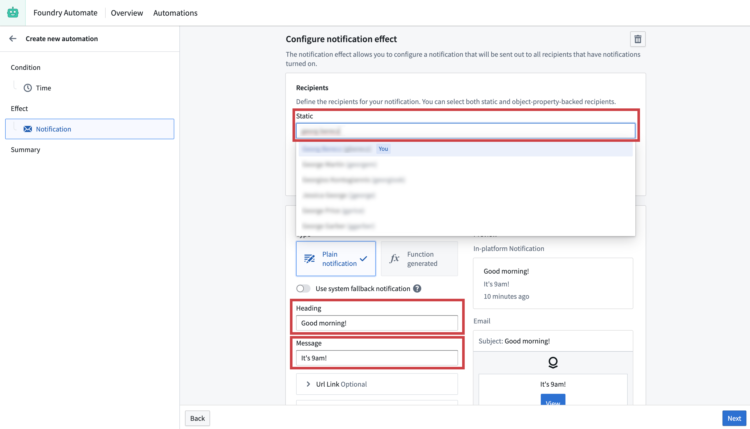 Automate notification effect configuration