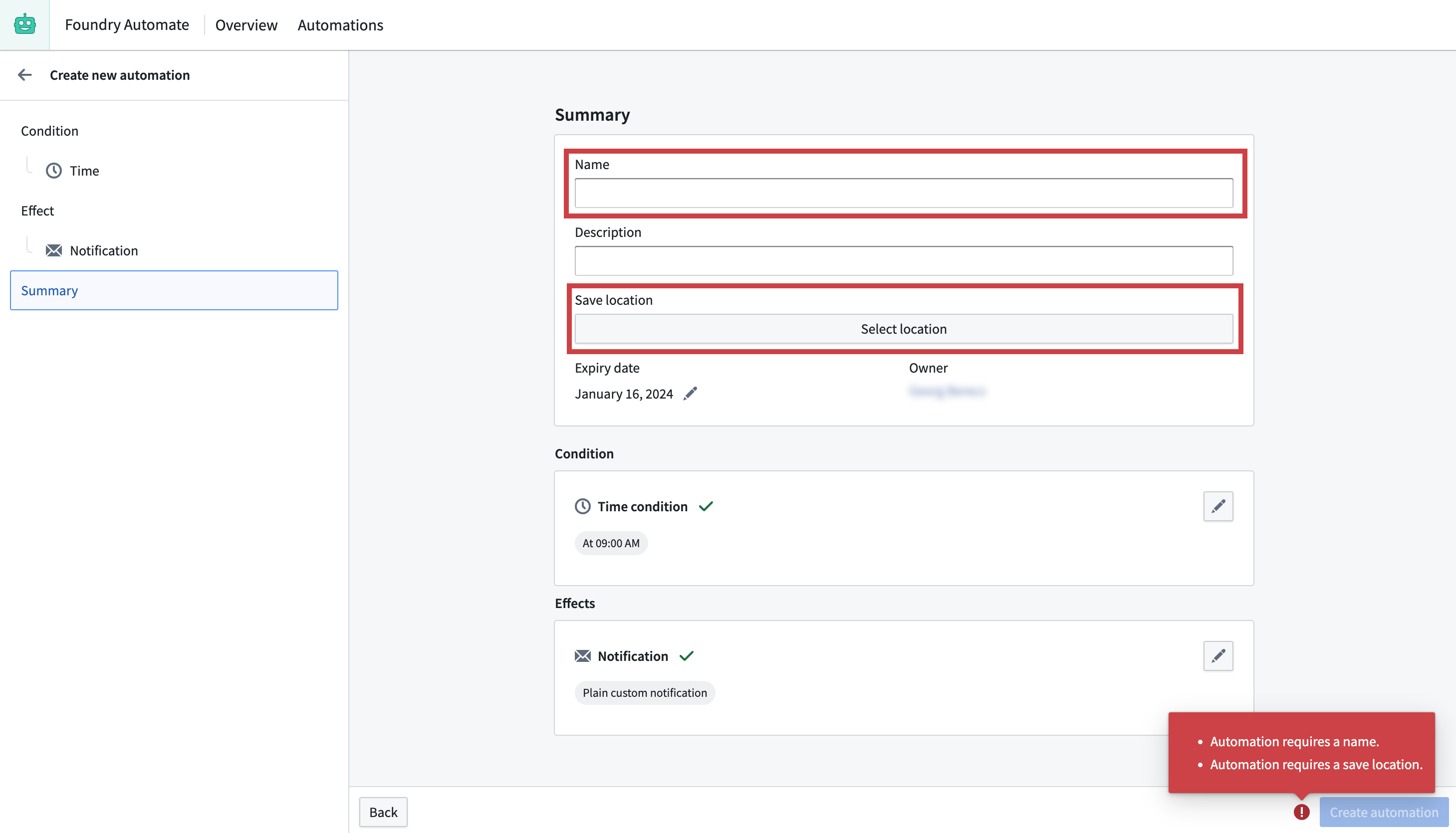 Automate summary page with error