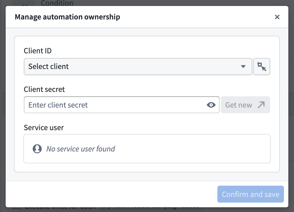 Select Manage ownership to transfer ownership to a service user