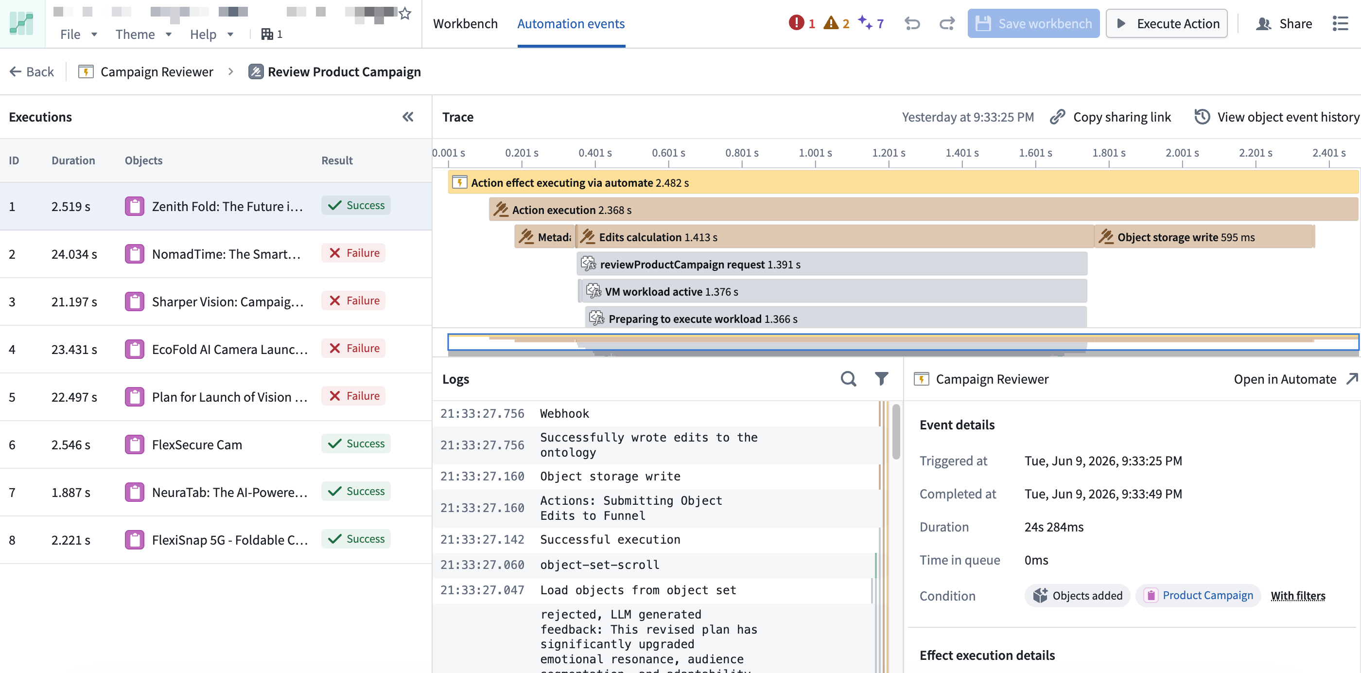A detailed view of an automation event with debugging information.