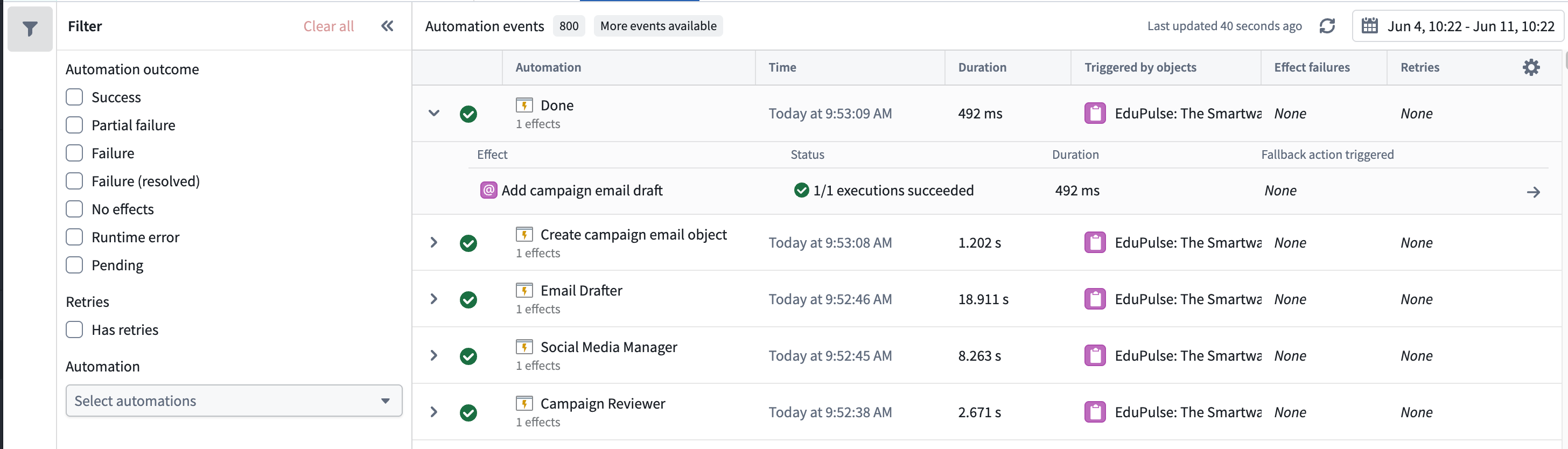 A list of recent automation events for an automation.