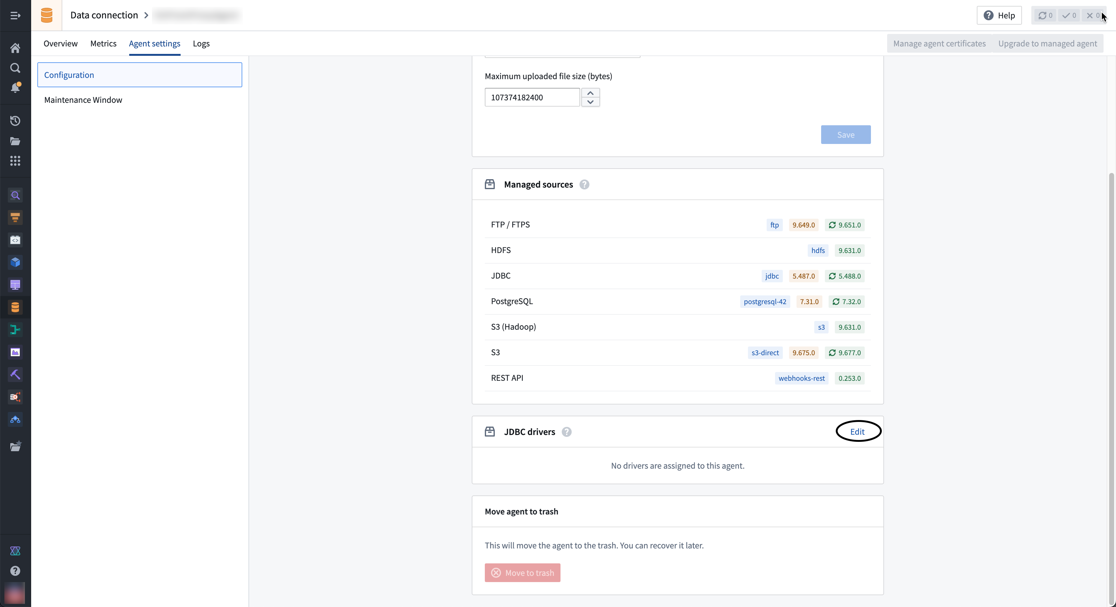 Add JDBC drivers to an agent in Data Connection.