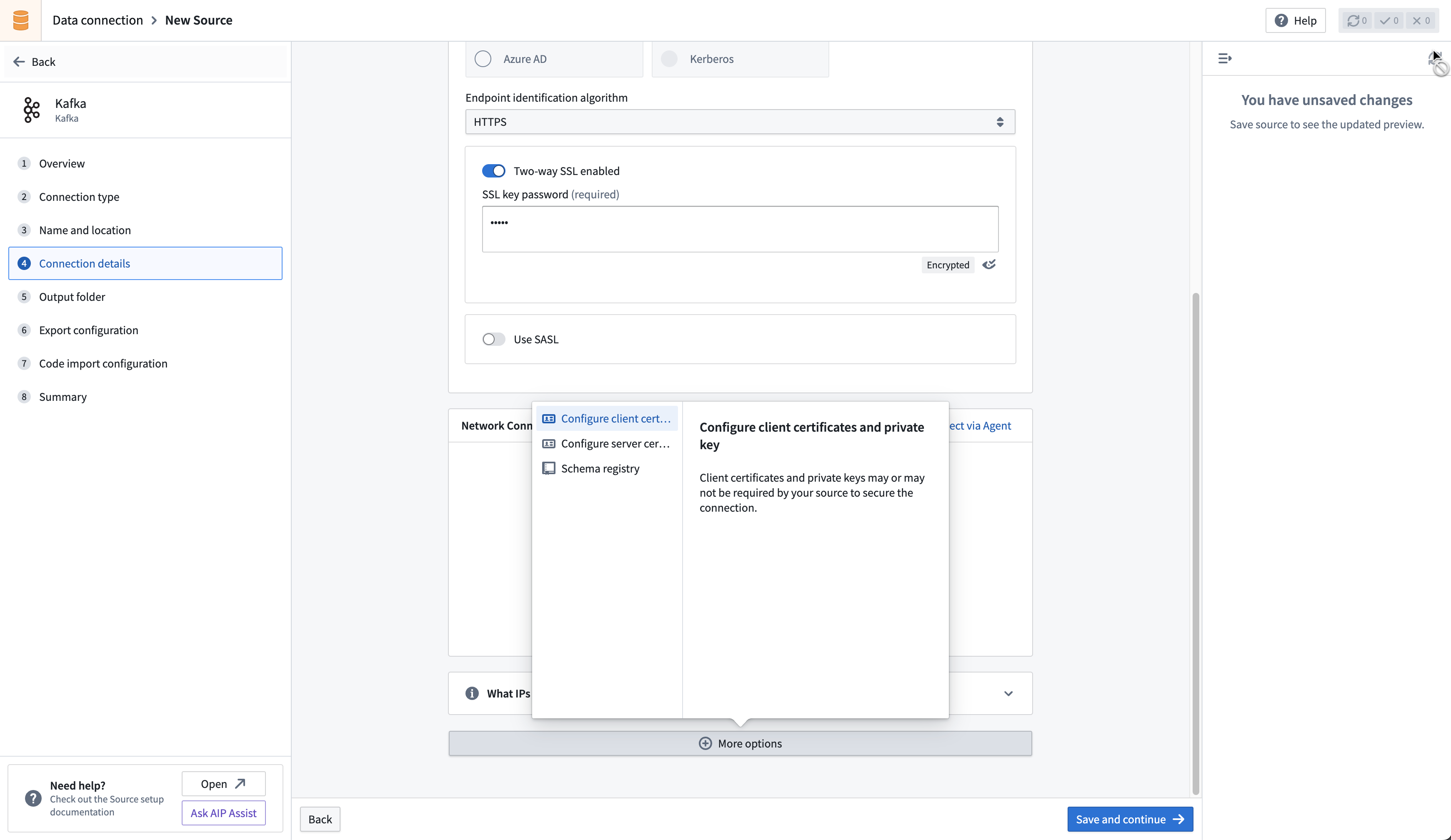 Interface showing option to configure client certificates and private key