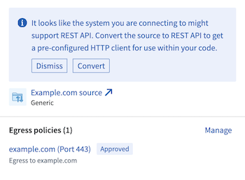 Callout prompting the conversion of a generic connector to the REST API source.